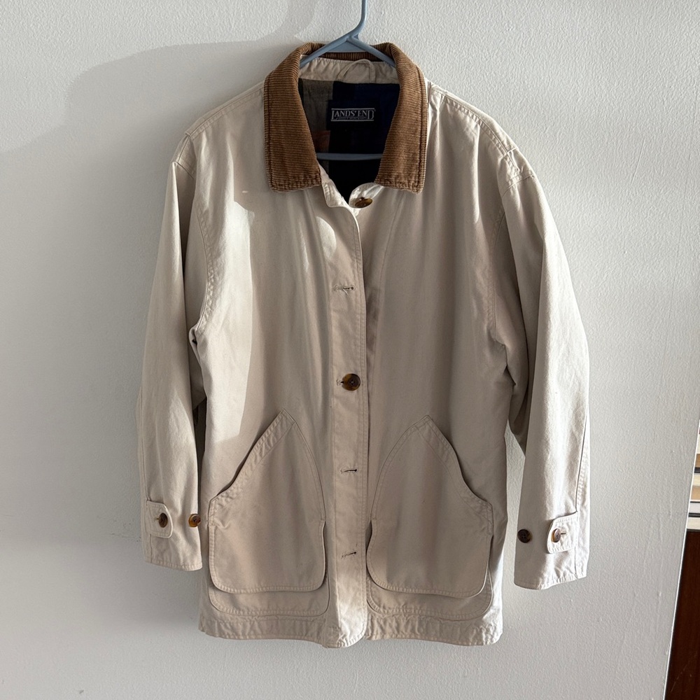Lands' End Beige Jacket with Brown Corduroy Collar Barn Jacket | Chore Coat
